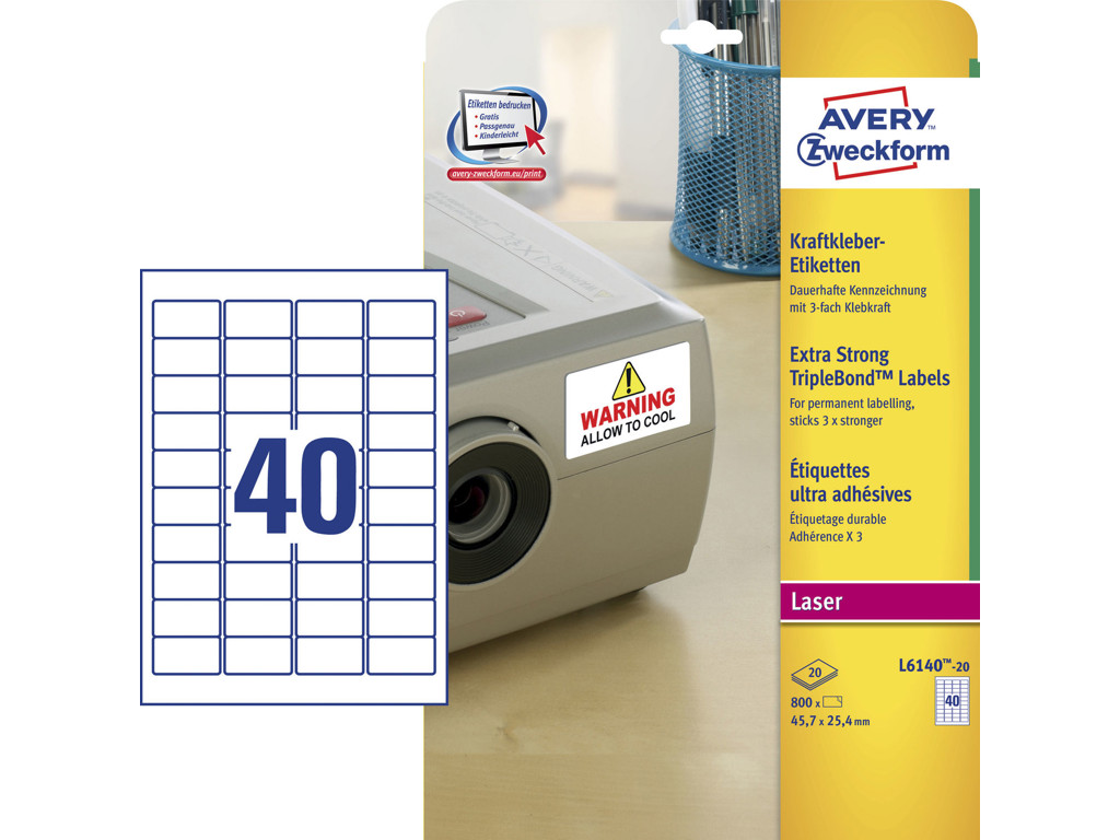 Etiket 45,7x25,4mm Avery L6140 polyester 40 stk/ark 20 ark
