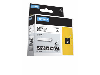 Dymo tape Rhino 12mm vinyl sort/hvid 18490