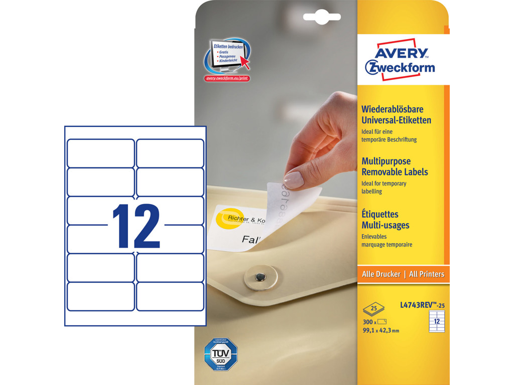 Etiket 99,1x42,3mm Avery L4743REV aftagelig 12 stk/ark 25 ark