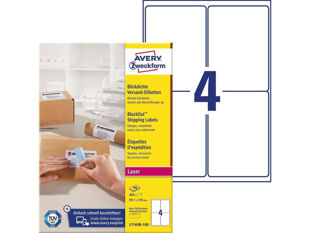 Etiket 139x99,1mm Avery L7169 4 stk/ark 100 ark BlockOut