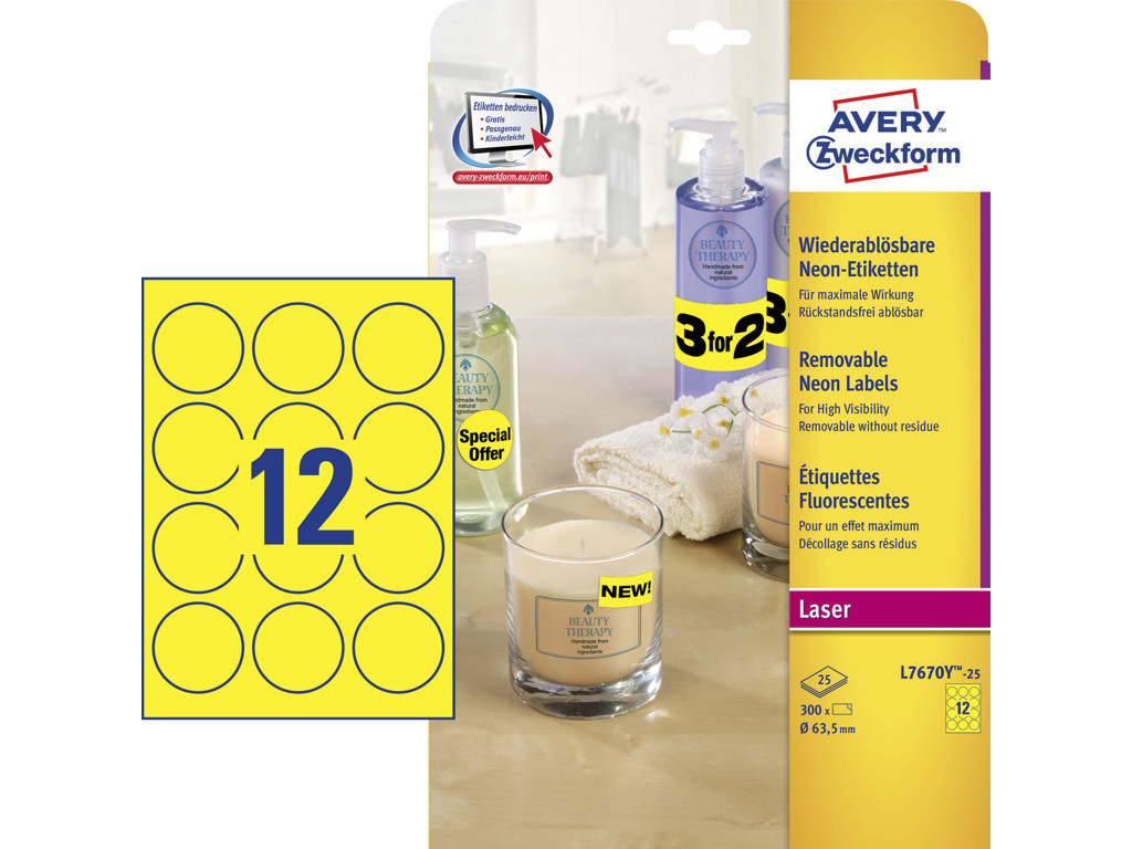 Etiket Ø63,5mm Avery L7670Y aftagelige neongul 12 stk/ark 25 ark