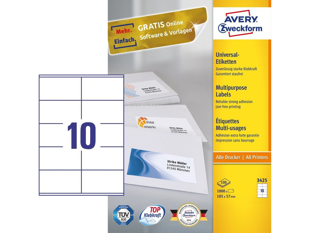 Etiket 105x57mm Avery 3425 10 stk/ark 100 ark