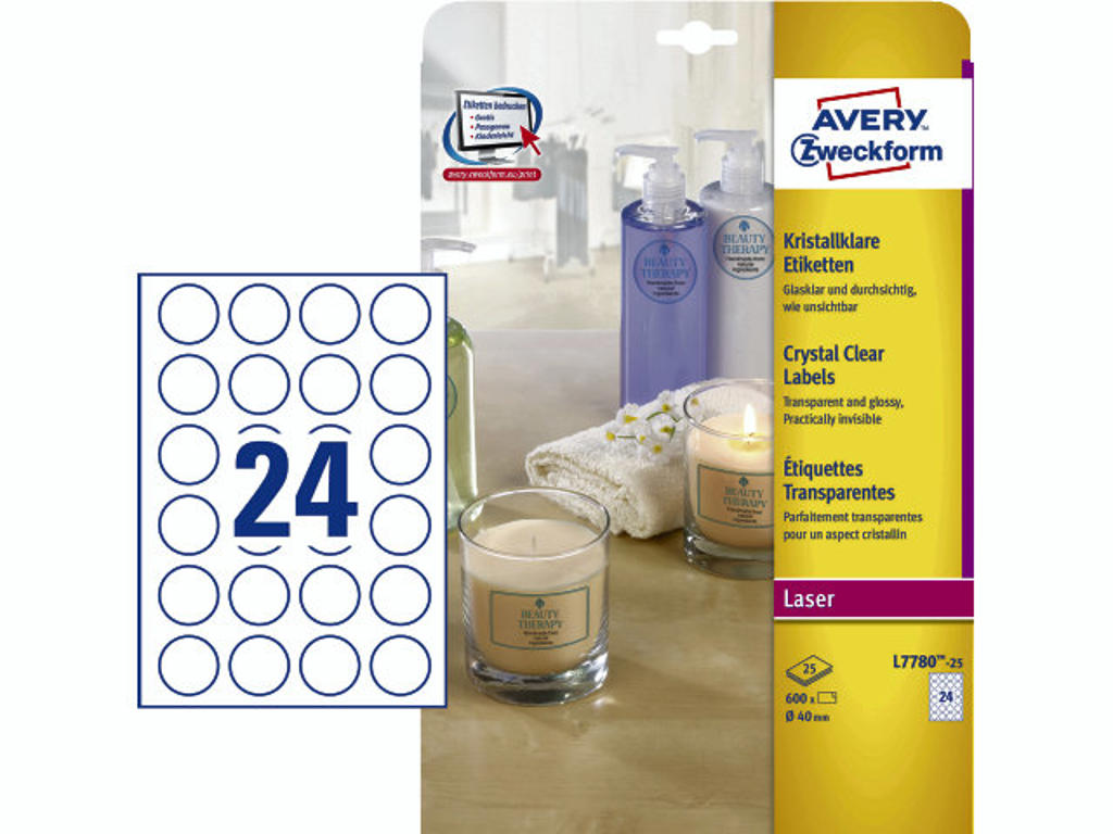 Etiket Avery Ø40 mm Klar 24stk/ark 25 ark billede