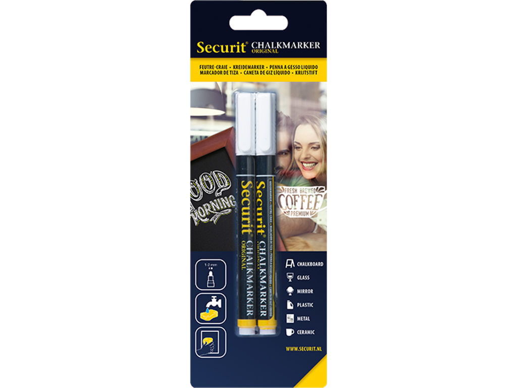 Chalkmarker Securit | hvid | 1-2mm | 2 stk