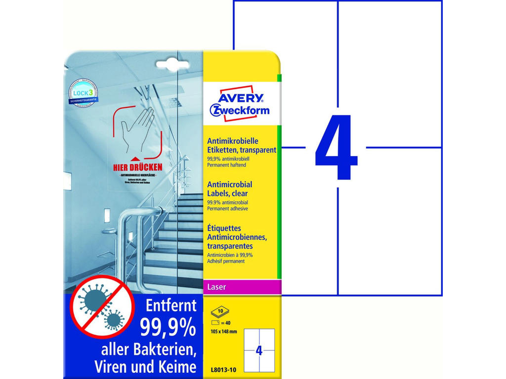 Etiket Avery Antimicrobiel L8013-10 4 Stk/ark 10 ark Klar