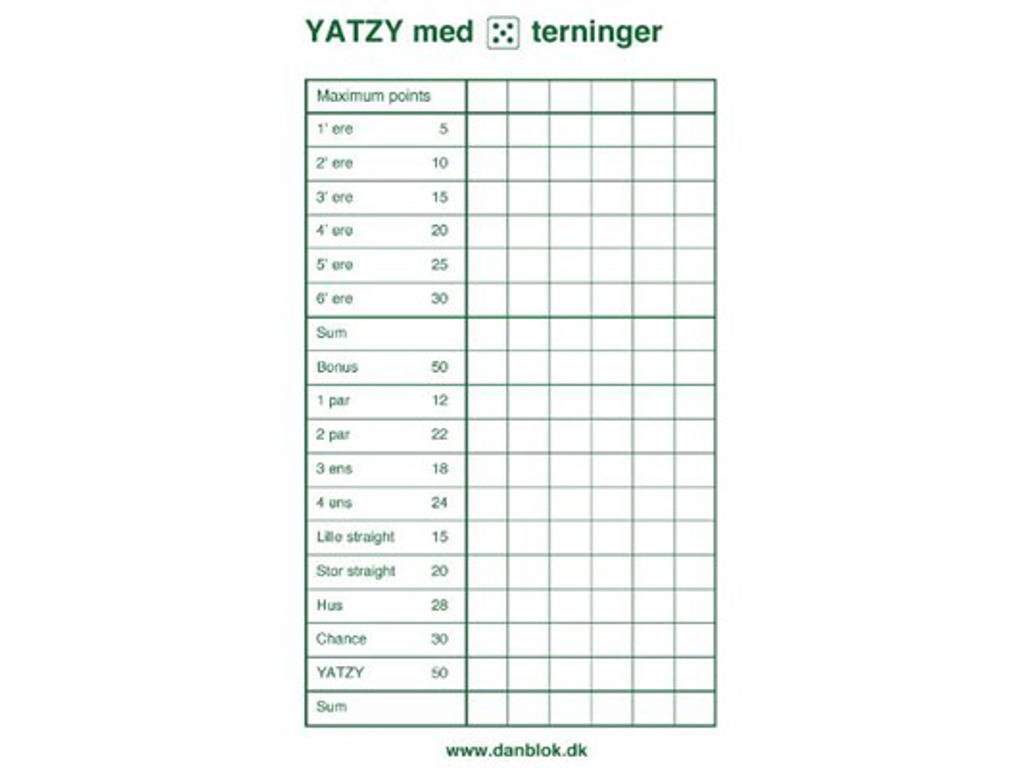 Yatzyblok til 5 terninger 3 blokke