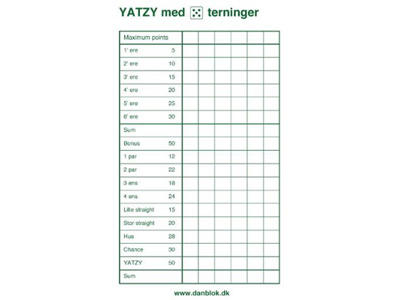 Yatzyblok til 5 terninger 3 blokke