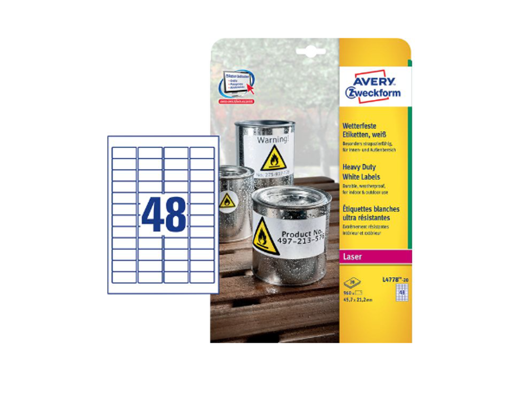 Etiket 45,7x21,2mm Avery L4778 polyester 48 stk/ark 20 ark