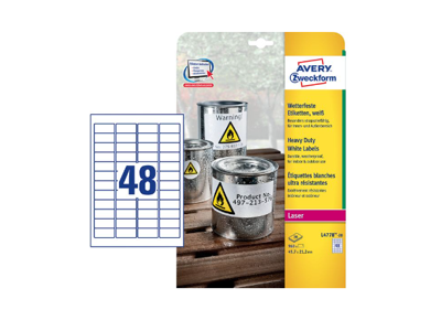 Etiket 45,7x21,2mm Avery L4778 polyester 48 stk/ark 20 ark