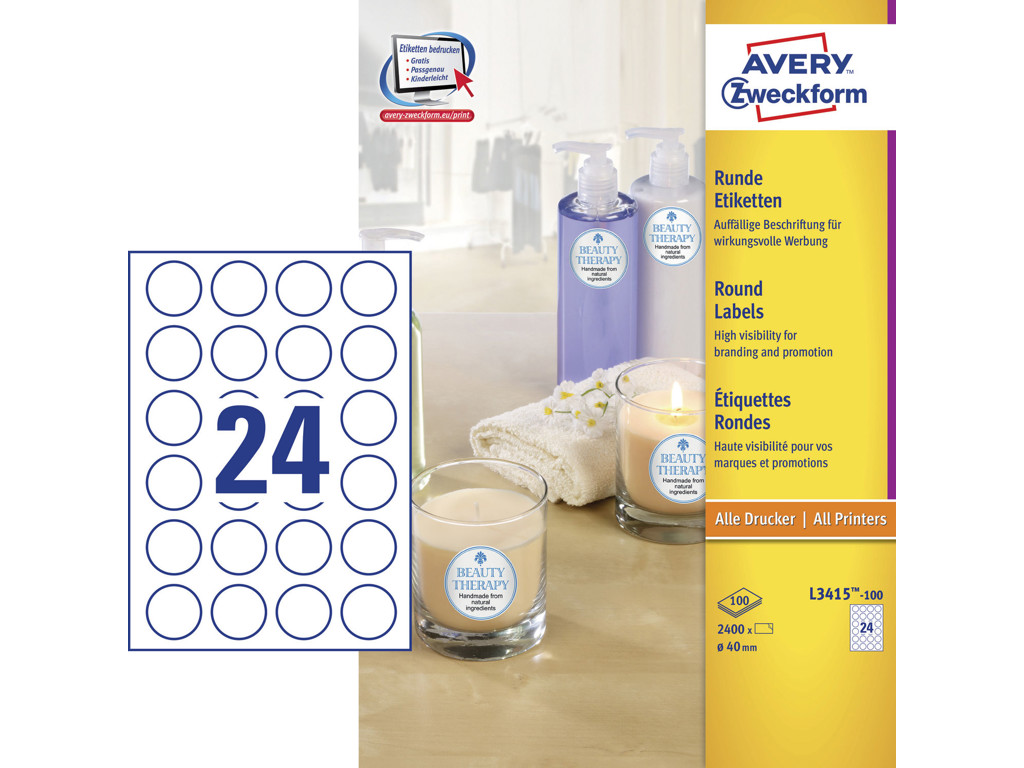 Etiket Ø40mm Avery L3415 24 stk/ark 100 ark