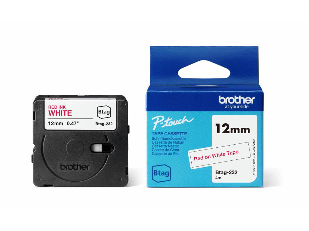 Brother BTAG-232, 12mm rød/hvid, 4 m
