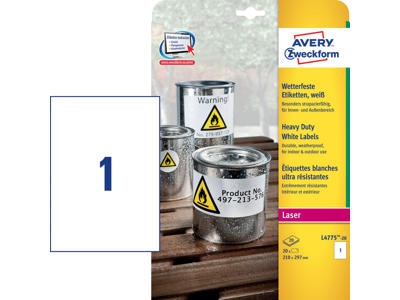 Etiket 210x297mm Avery L4775 polyester 1 stk/ark 20 ark