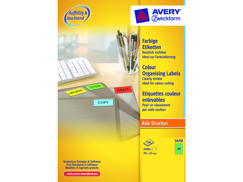 Etiket 70x37mm Avery 3450 grøn 24 stk/ark 100 ark