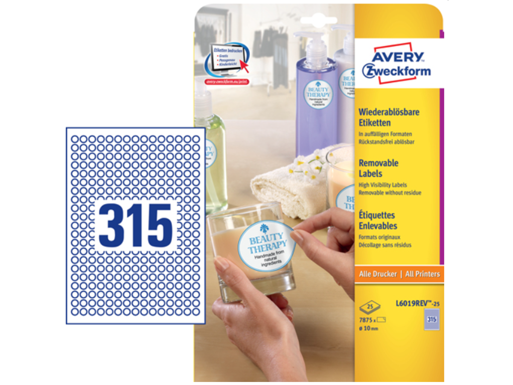 Etiket Ø10mm Avery L6019REV aftagelig 315 stk/ark 25 ark