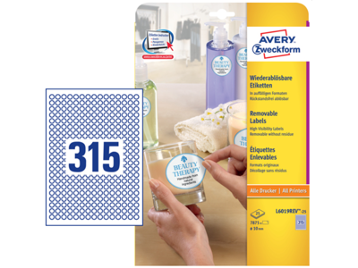Etiket Ø10mm Avery L6019REV aftagelig 315 stk/ark 25 ark