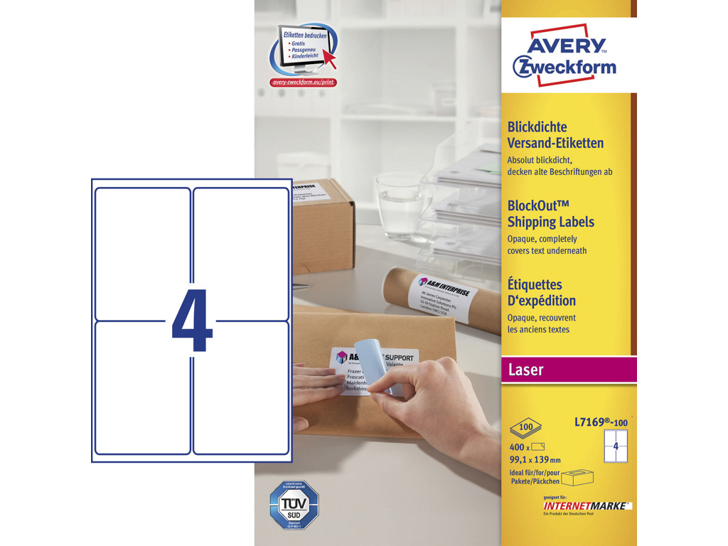 Etiket 139x99,1mm Avery L7169 4 stk/ark 100 ark