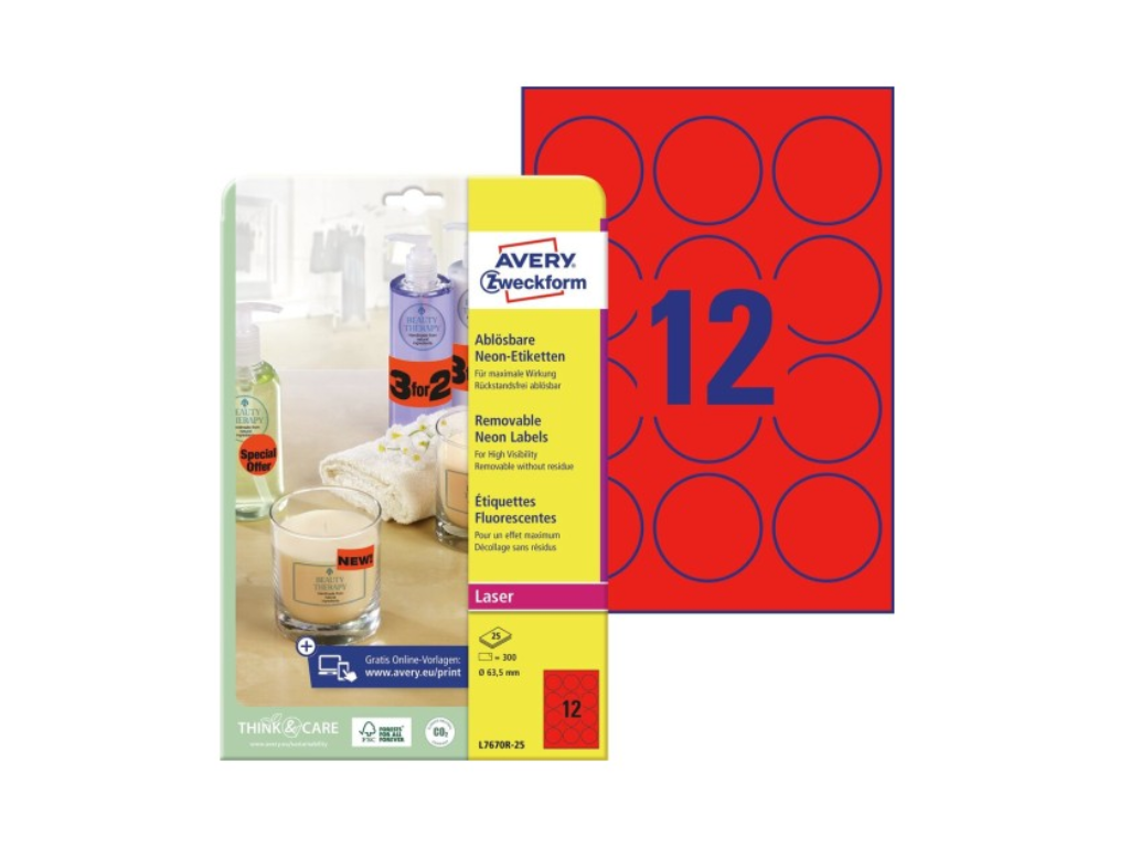 Etiket Ø63,5mm Avery L7670R aftagelig neonrød 12 stk/ark 25 ark