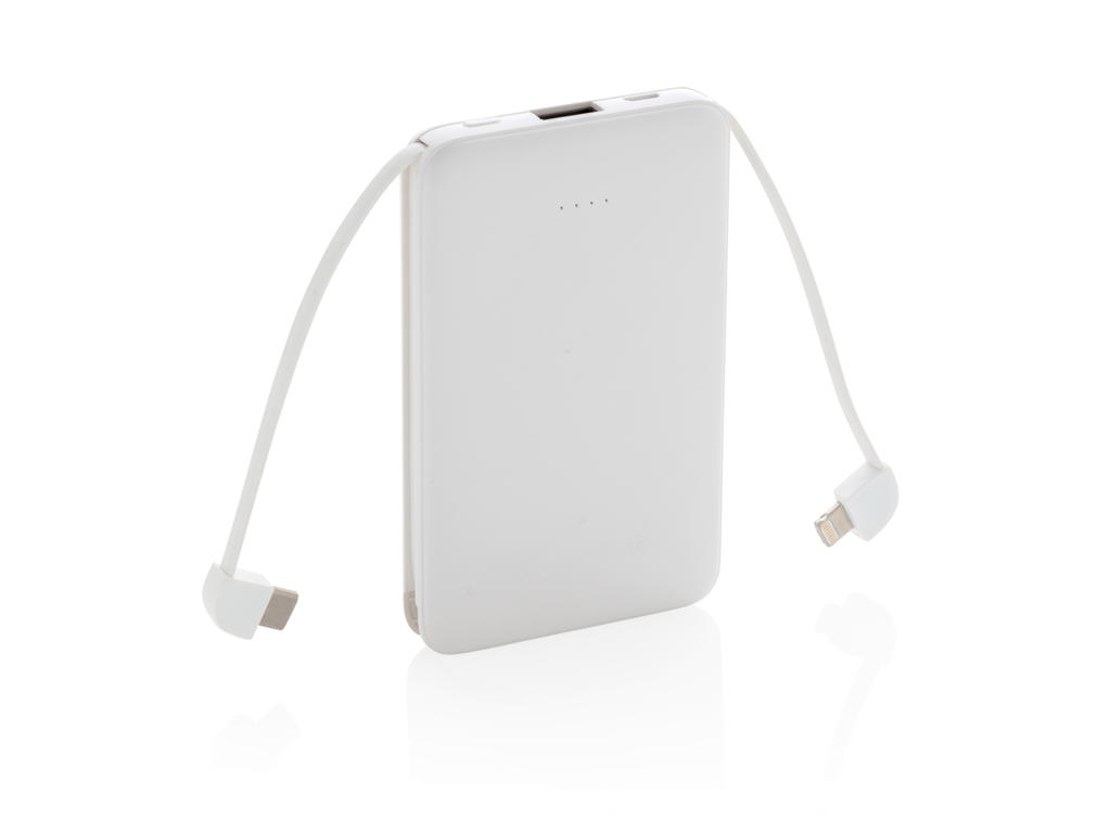 5.000 mAh lomme powerbank med integrerede kabler., hvid