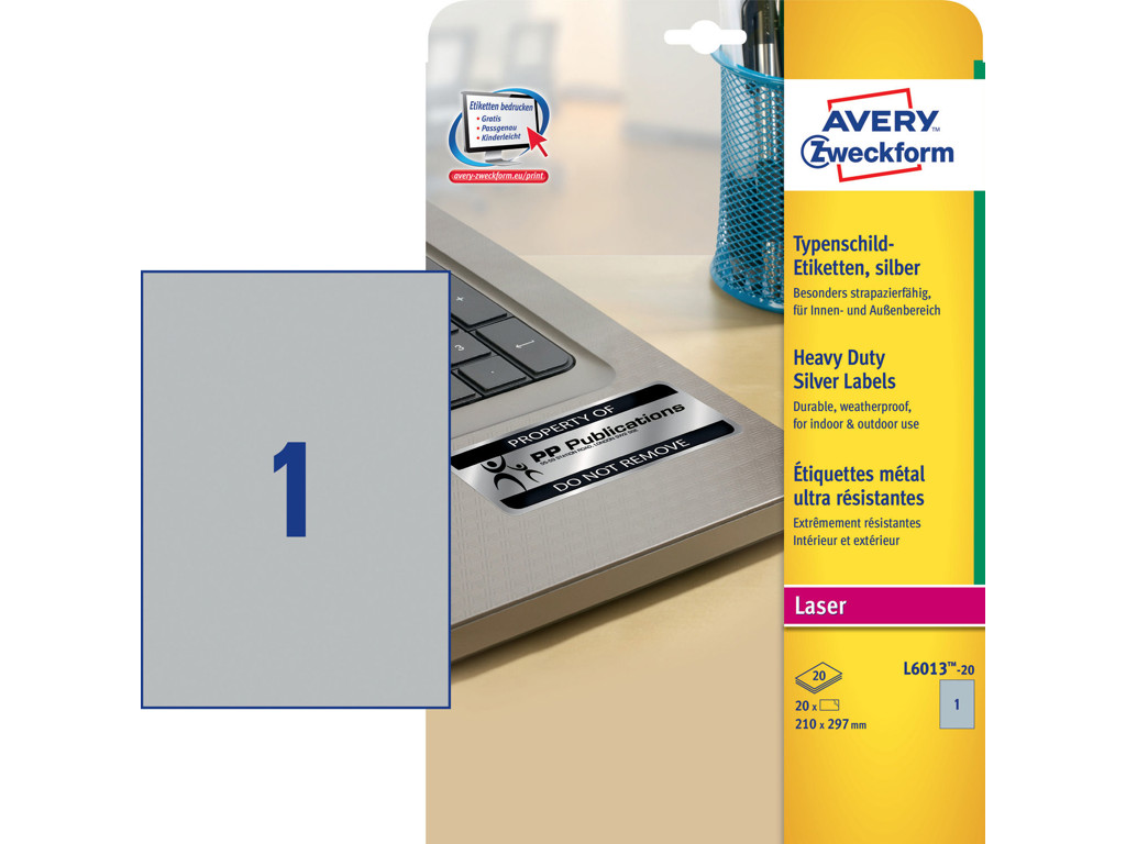 Etiket 210x297mm Avery L6013 Polyester Sølv 1 Stk/ark 20 ark billede