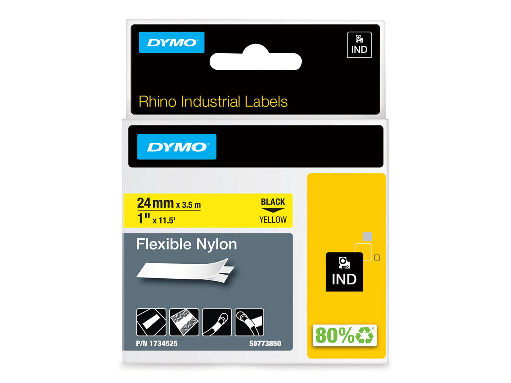 Dymo tape Rhino 24mm nylon flex sort/gul 1734525