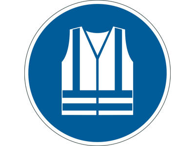 Advarselsklistermærke Anvend sikkerhedsvest blå/hvid Ø43cm