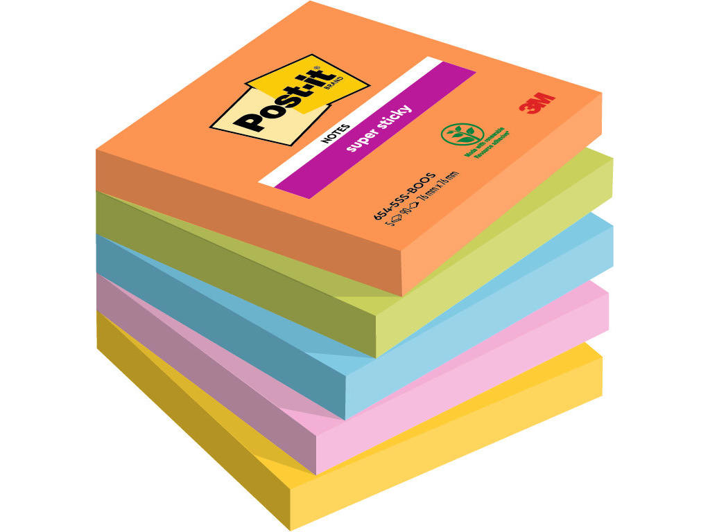 Post-it Super Sticky 76x76mm Boost ass 5 stk (654)