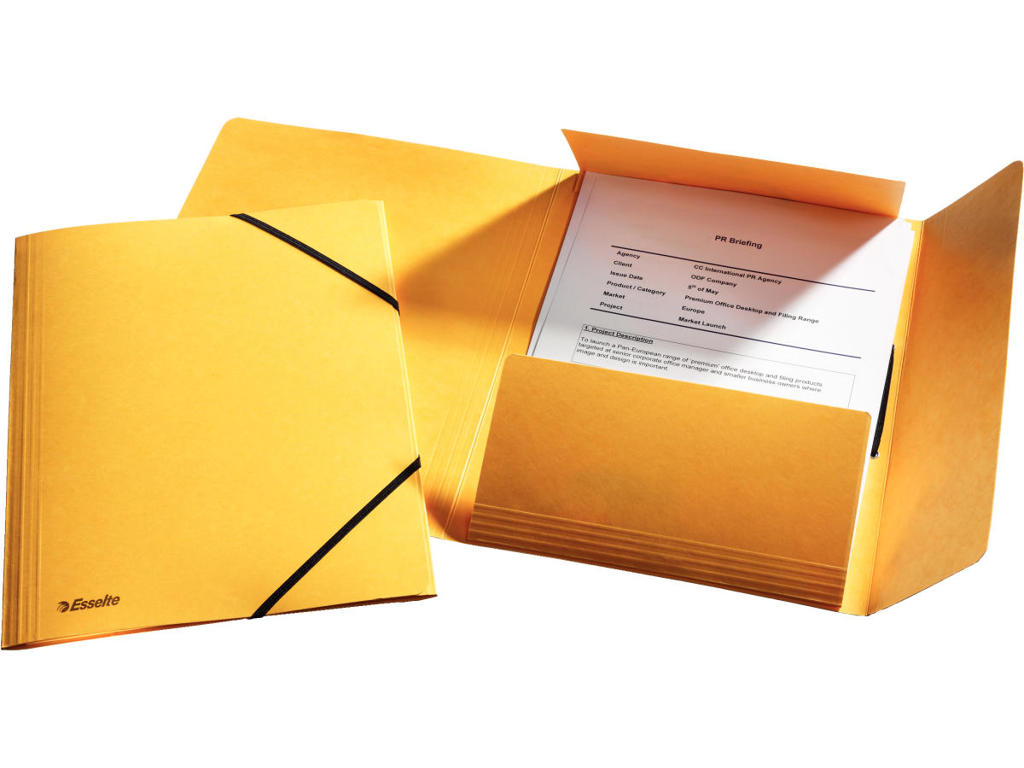 Elastikmappe A4 karton gul Esselte m/3 klapper