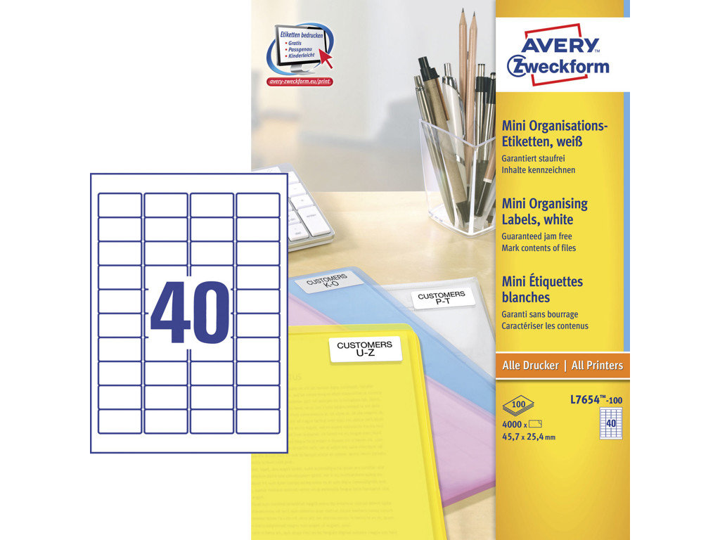 Etiket 45,7x25,4mm Avery L7654 40 stk/ark 100 ark
