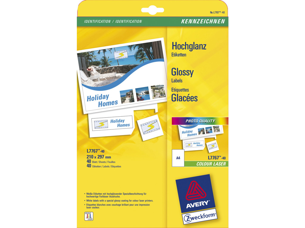 Etiketter Avery A4 hvid 210x297 mm højglans selvklæbende permanent - (40 ark)