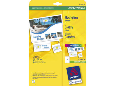 Etiket 210x297mm Avery L7767 glossy 1 stk/ark 40 ark