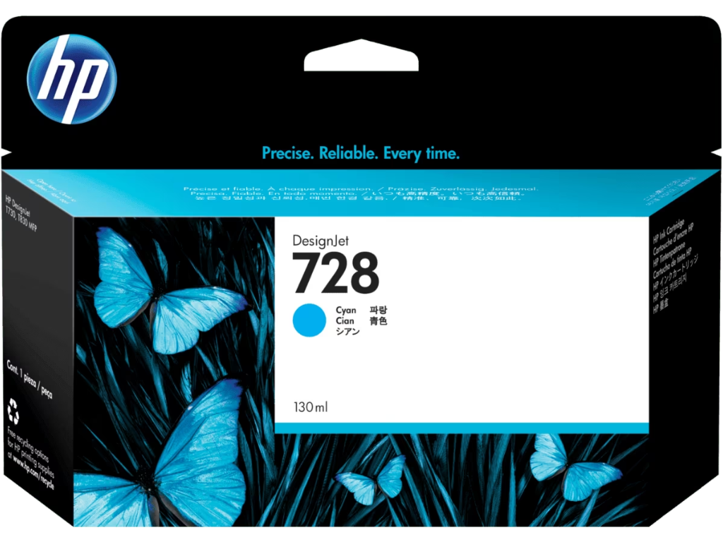 HP 728 blæk cyan 130 ml.