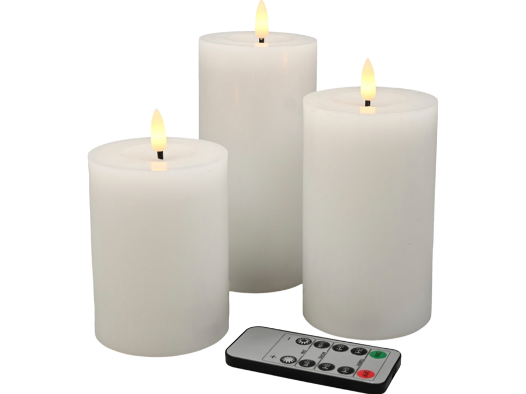 Bloklys LED 10/12,5/15 cm Ø7cm hvid med pulserende flamme og fjernbetjening 3 stk