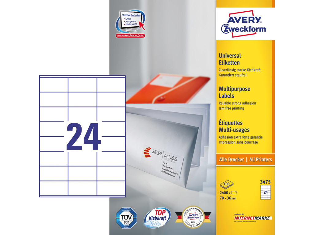 Etiket 70x36mm Avery 3475 24 stk/ark 100 ark
