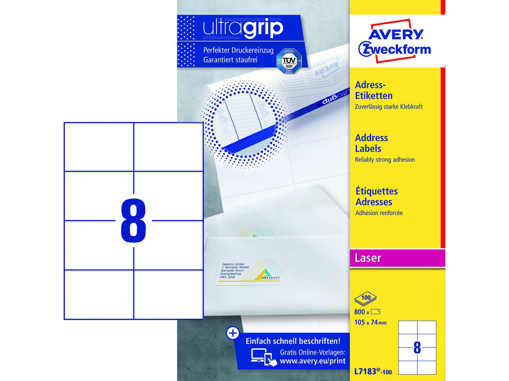 Etiket 105x74mm Avery L7183 8 stk/ark 100 ark