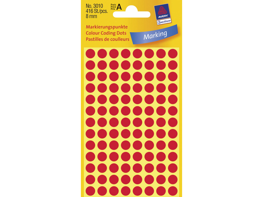 Etiket Avery Ø8 mm rød 416 stk.