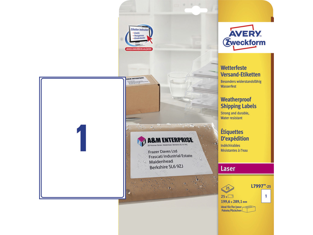 Etiket 199,6x289,1mm Avery L7997 1 stk/ark 25 ark vejrbest.