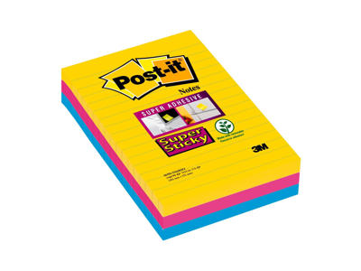 Post-it Super Sticky 101x152mm linjeret ass 3 stk