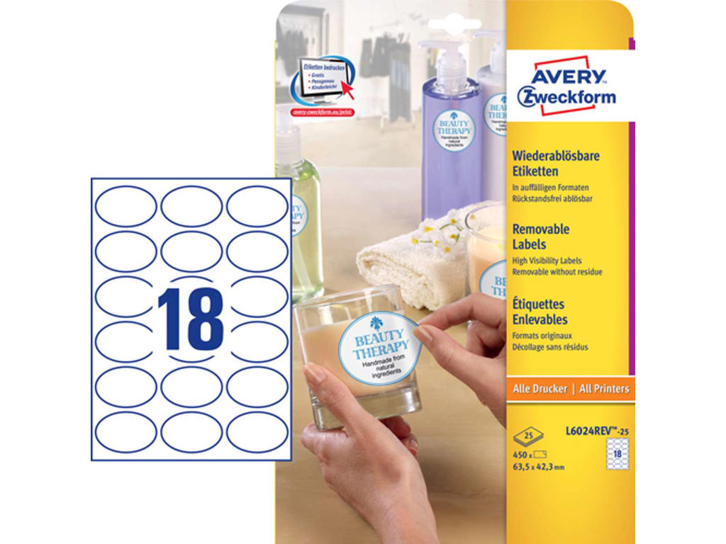 Etiket 63,5x42,3mm Avery L6024REV aftagelig oval 18 stk/ark 25 ark