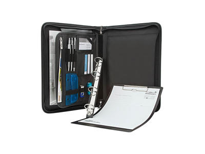 Salgsmappe A4 m/lynlås og aftagelige ringe og clipboard